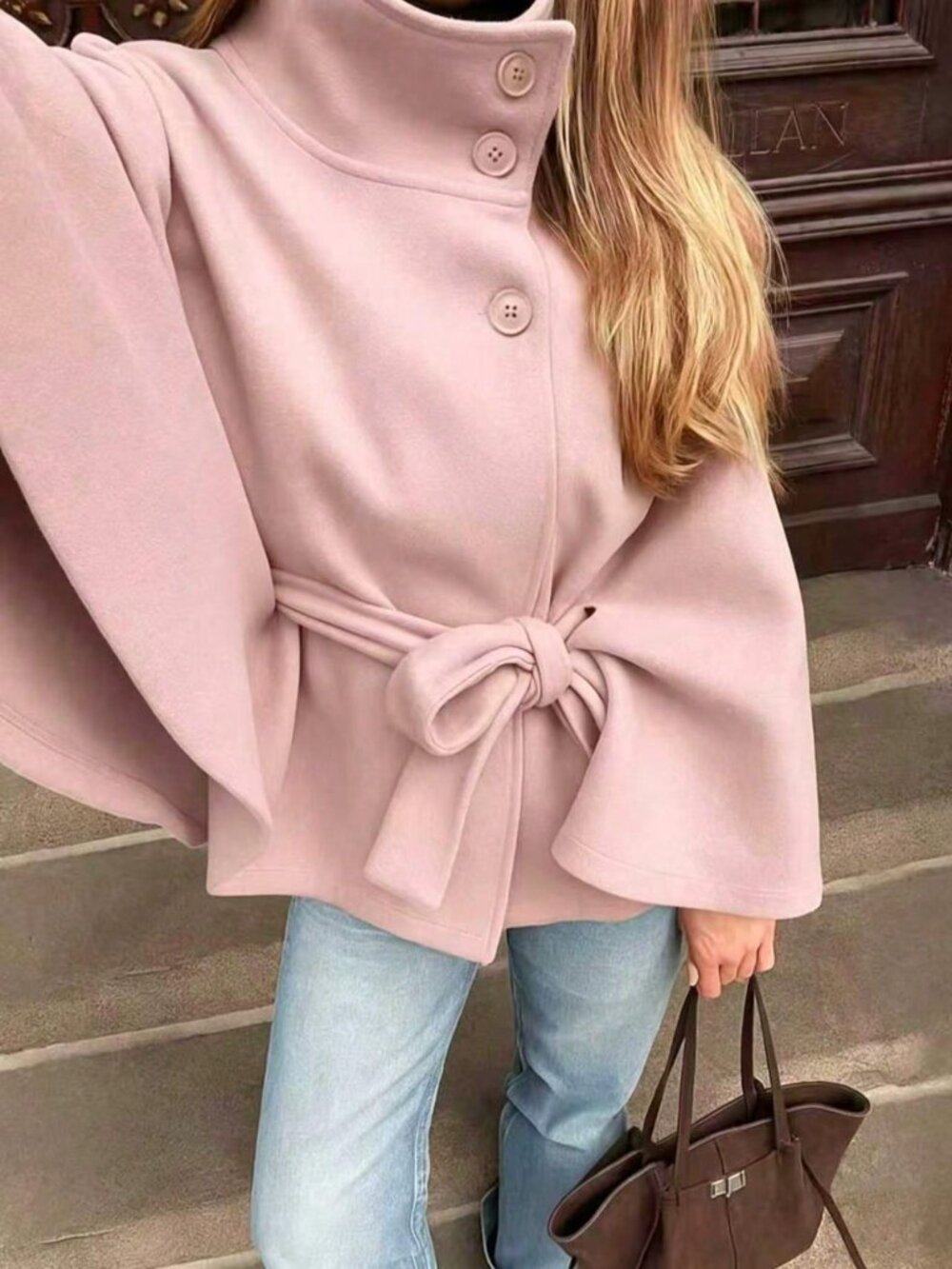 Pink Casual Women's Front Button Tie Waist Cape Coat